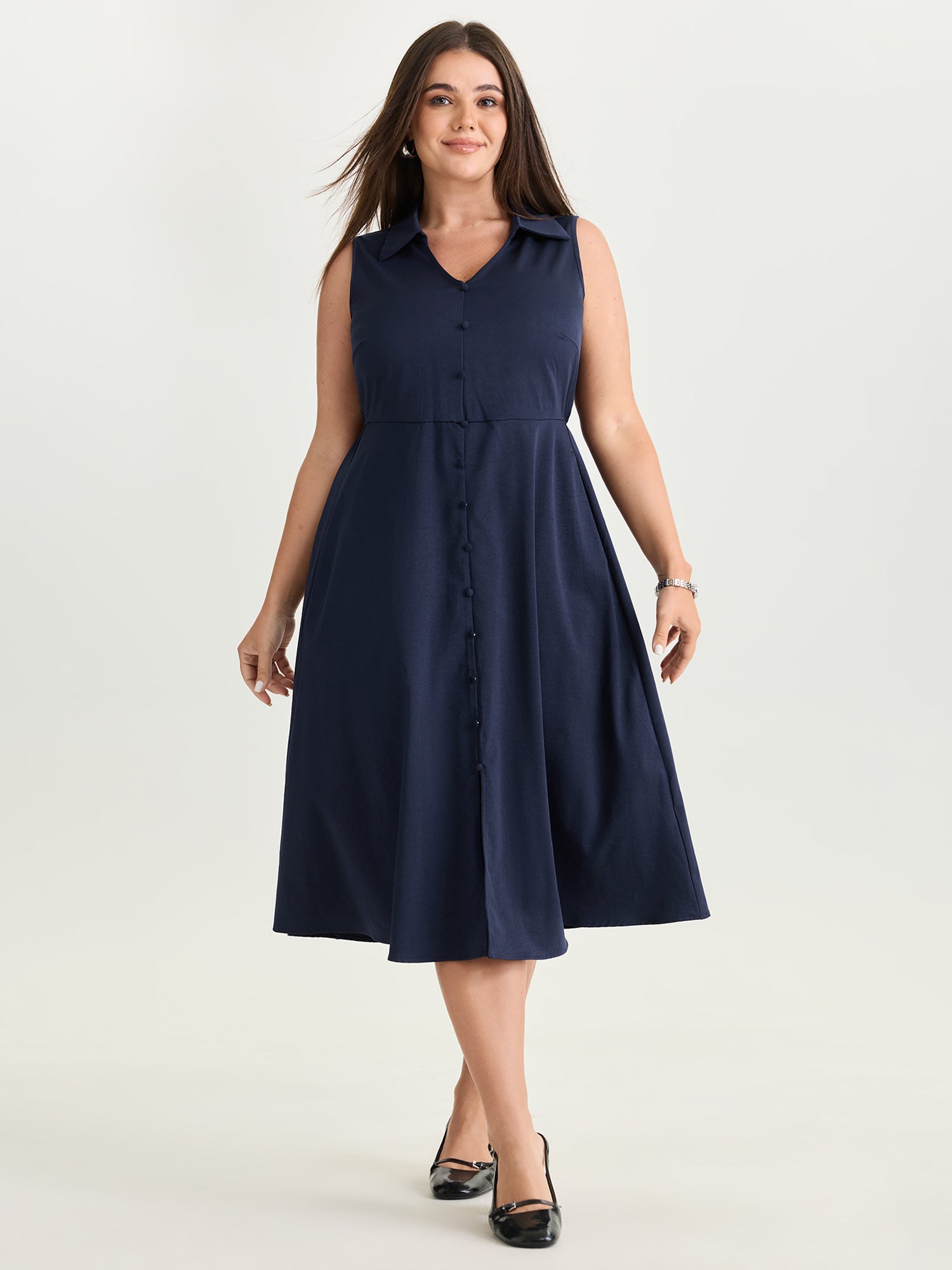 Collar Pockets Button Detail Midi Dress