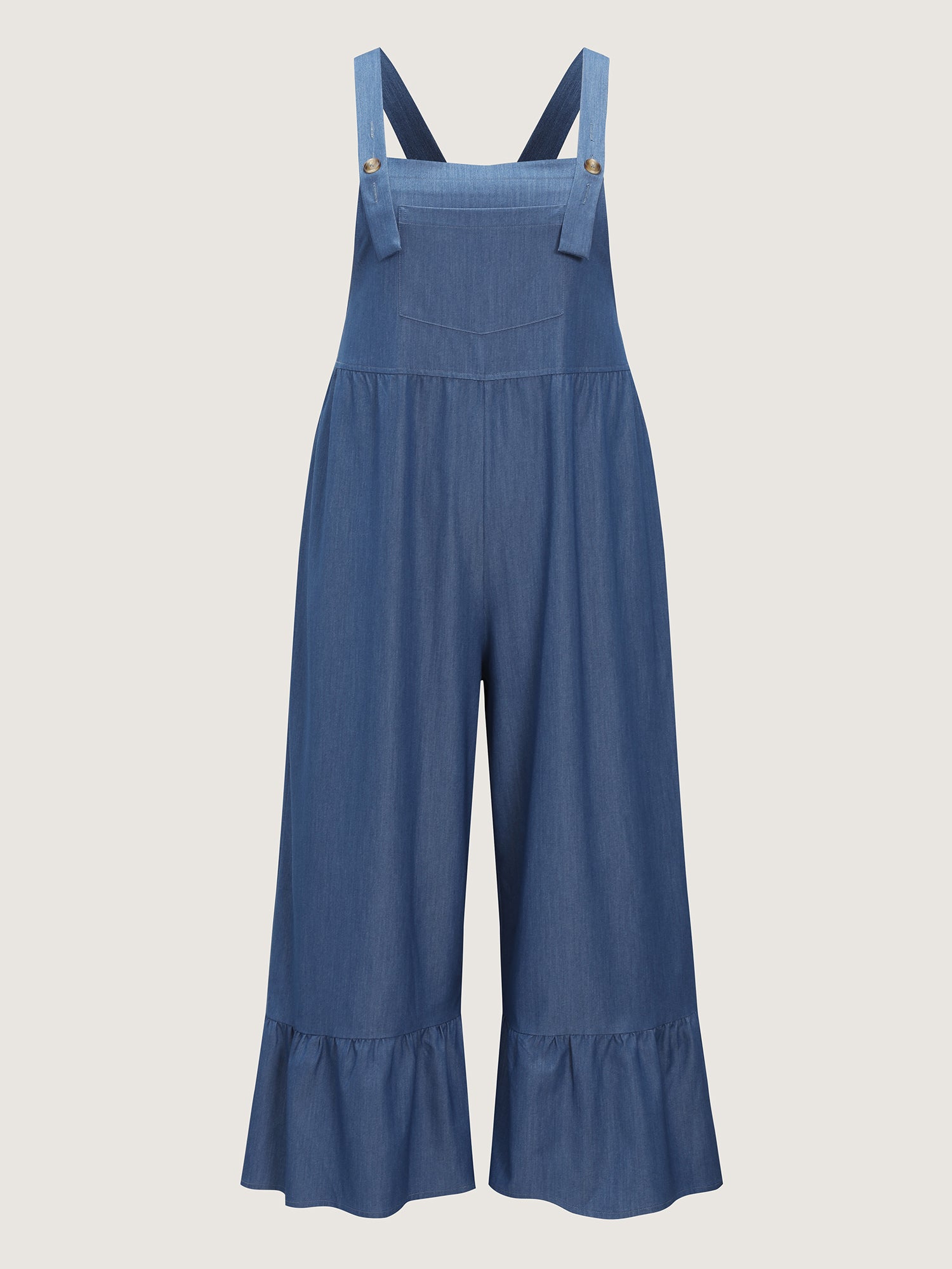 Overall Straps Ruffled Hem Pockets  Faux Denim Jumpsuit