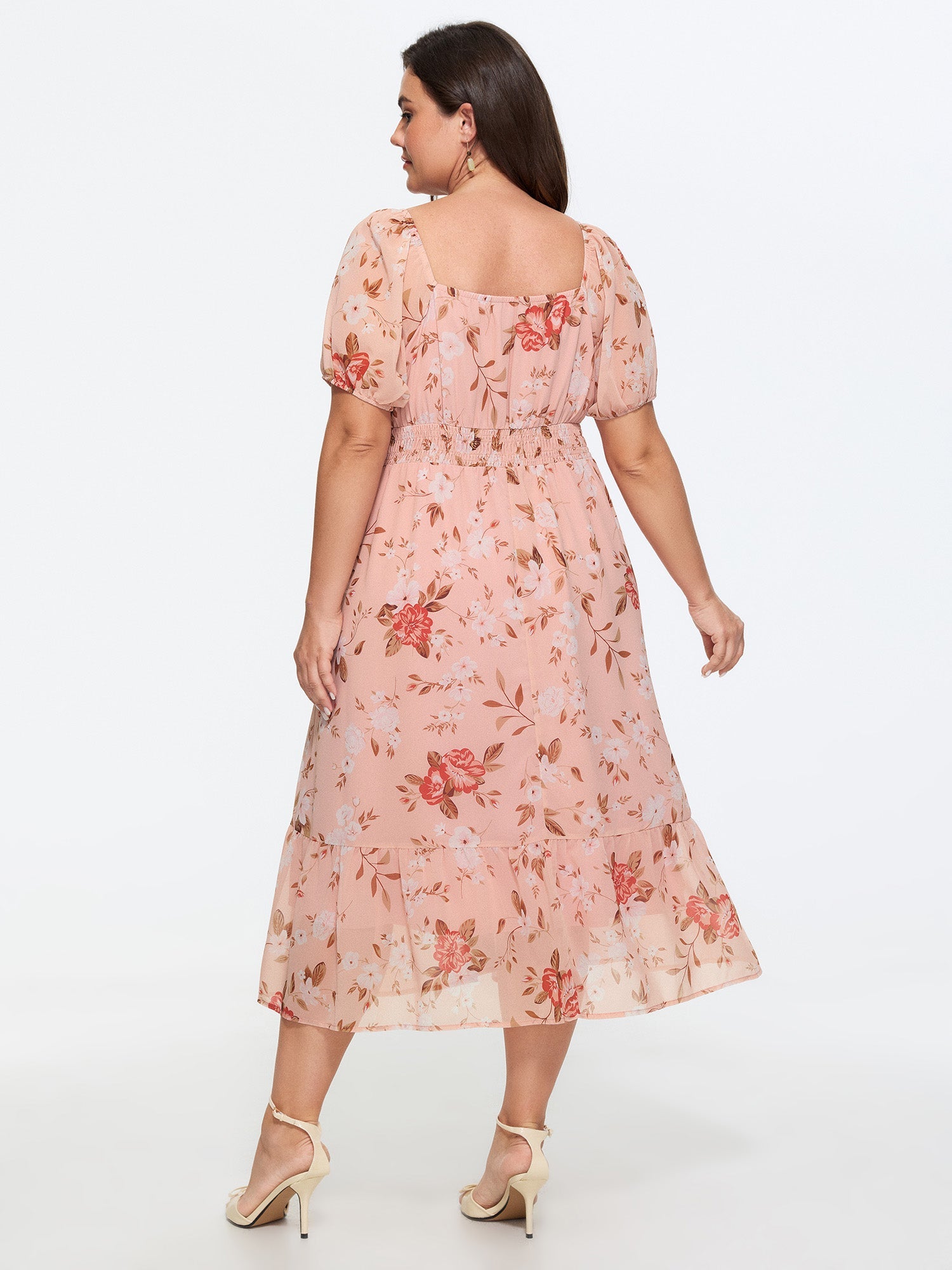 Soft Floral Print Shirred Waist Midi Dress