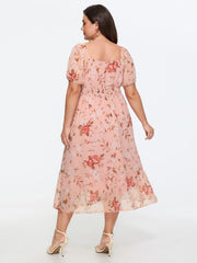 Soft Floral Print Shirred Waist Midi Dress
