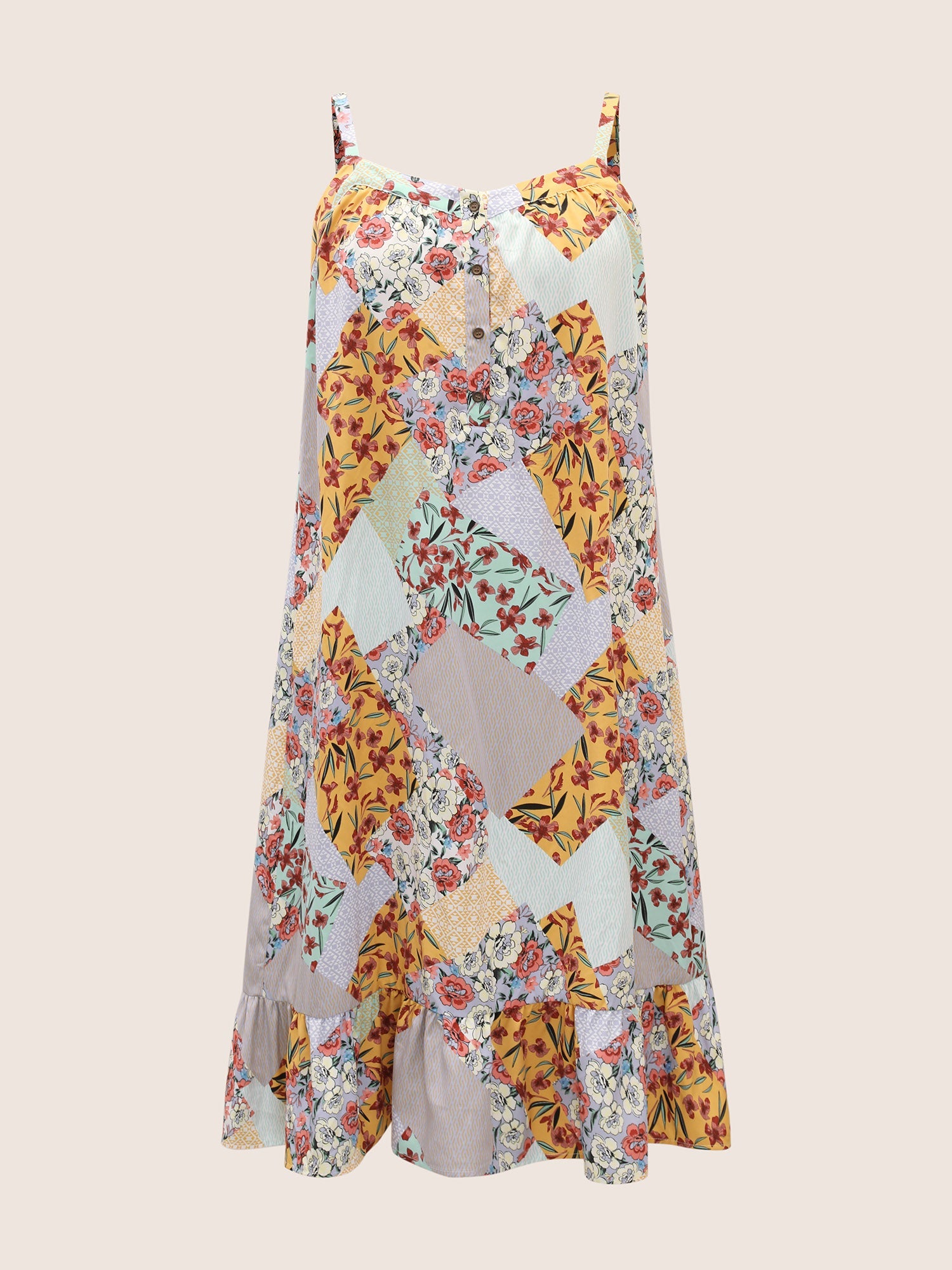 Floral Colorblock Contrast Button Detail Cami Dress