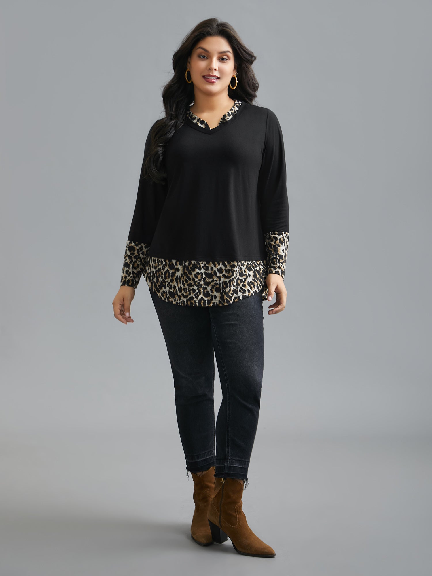 Contrast Patchwork Leopard Stretchy T-shirt