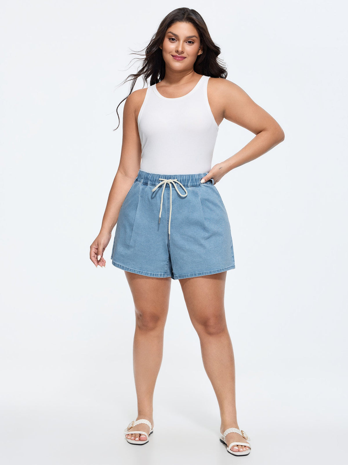 Elastic Waist Drawstring Straight-Leg Denim Shorts