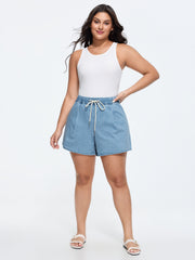 Elastic Waist Drawstring Straight-Leg Denim Shorts