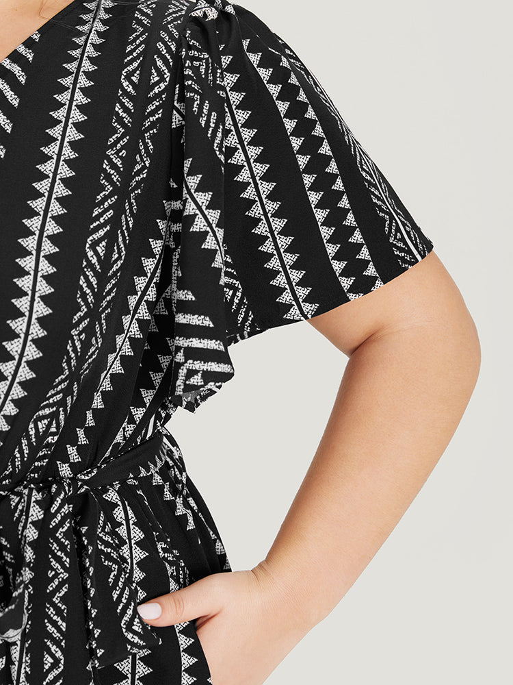 Geometric Print Flutter Sleeve Pocket Wrap Belt Split Dress