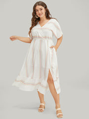 Striped Contrast Flutter Hem Dolman Sleeve Pocket Split Wrap Dress