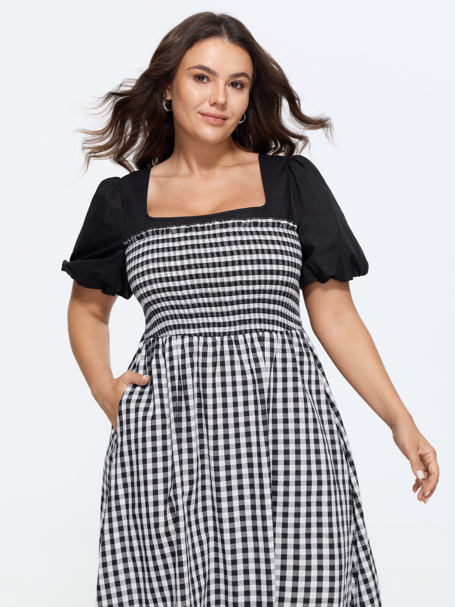 Cotton Gingham Print Color Contrast Midi Dress