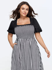 Cotton Gingham Print Color Contrast Midi Dress