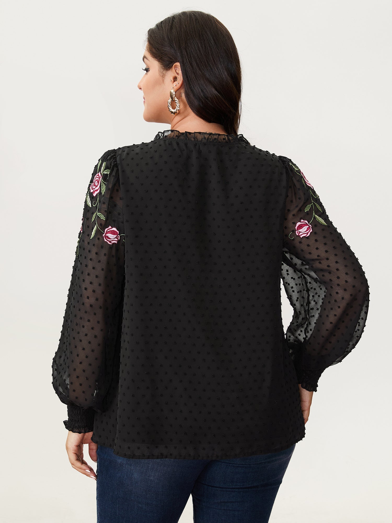 Rose Embroidered Textured Sheer Blouse