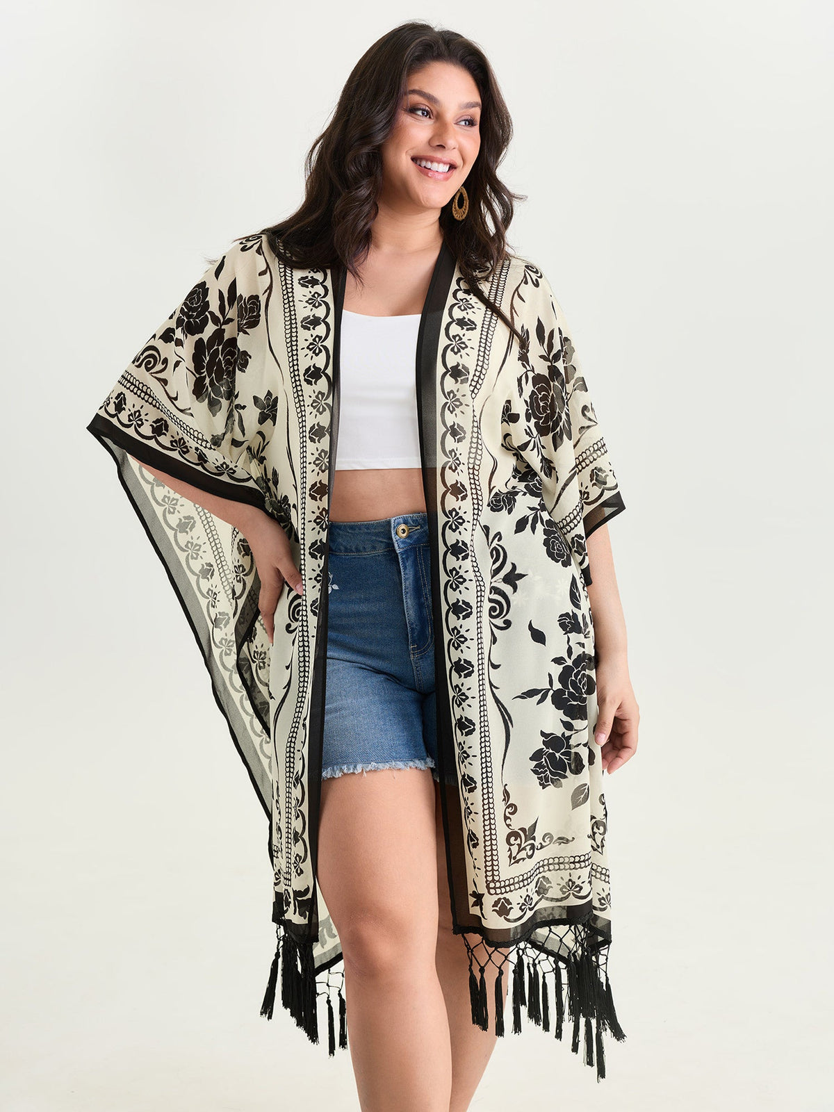 Floral Print Tassel Hem Open-Front Kimono