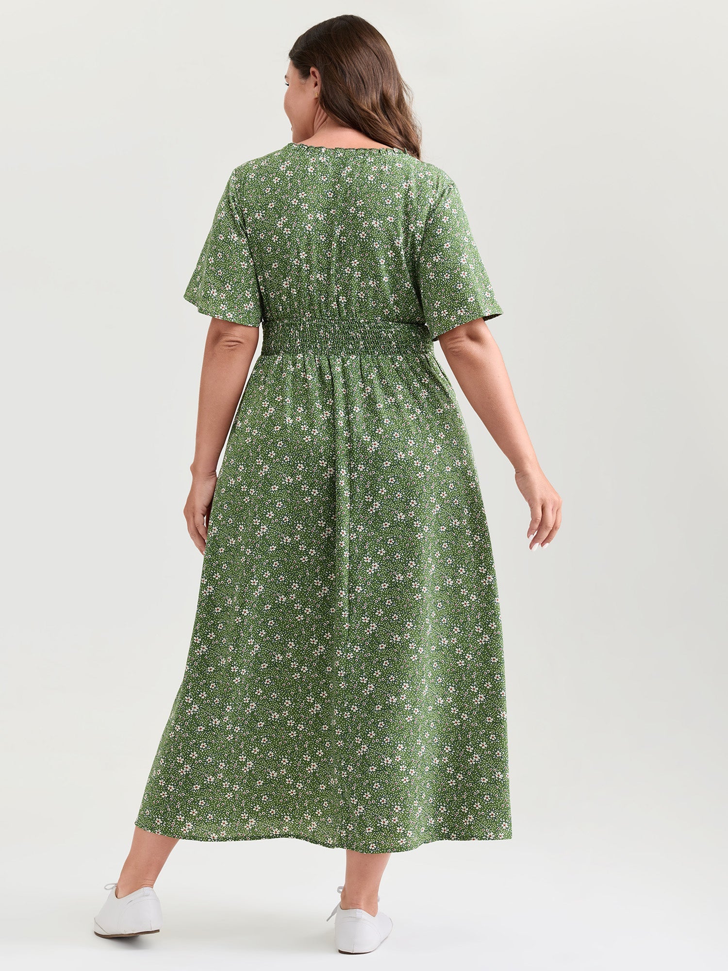 Floral Print Shirred Pockets Midi Dress