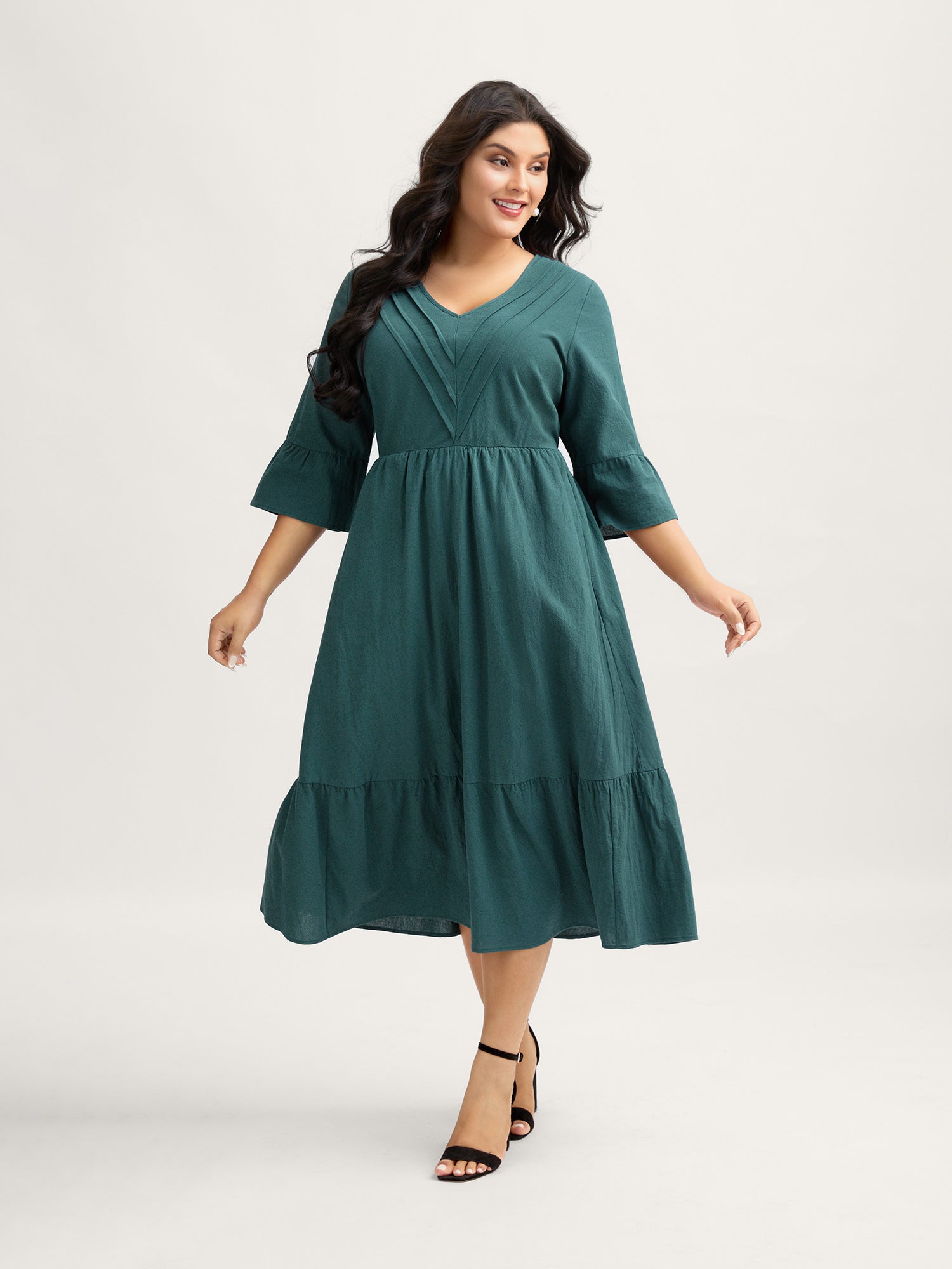 Pure Cotton Toothpick Pleats Tiered Midi Dress