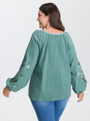 Cotton Floral Embroidered Sleeve Neckline Tie Blouse