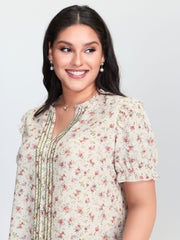 Floral Print Shirred Cuff Sleeve Contrast Blouse