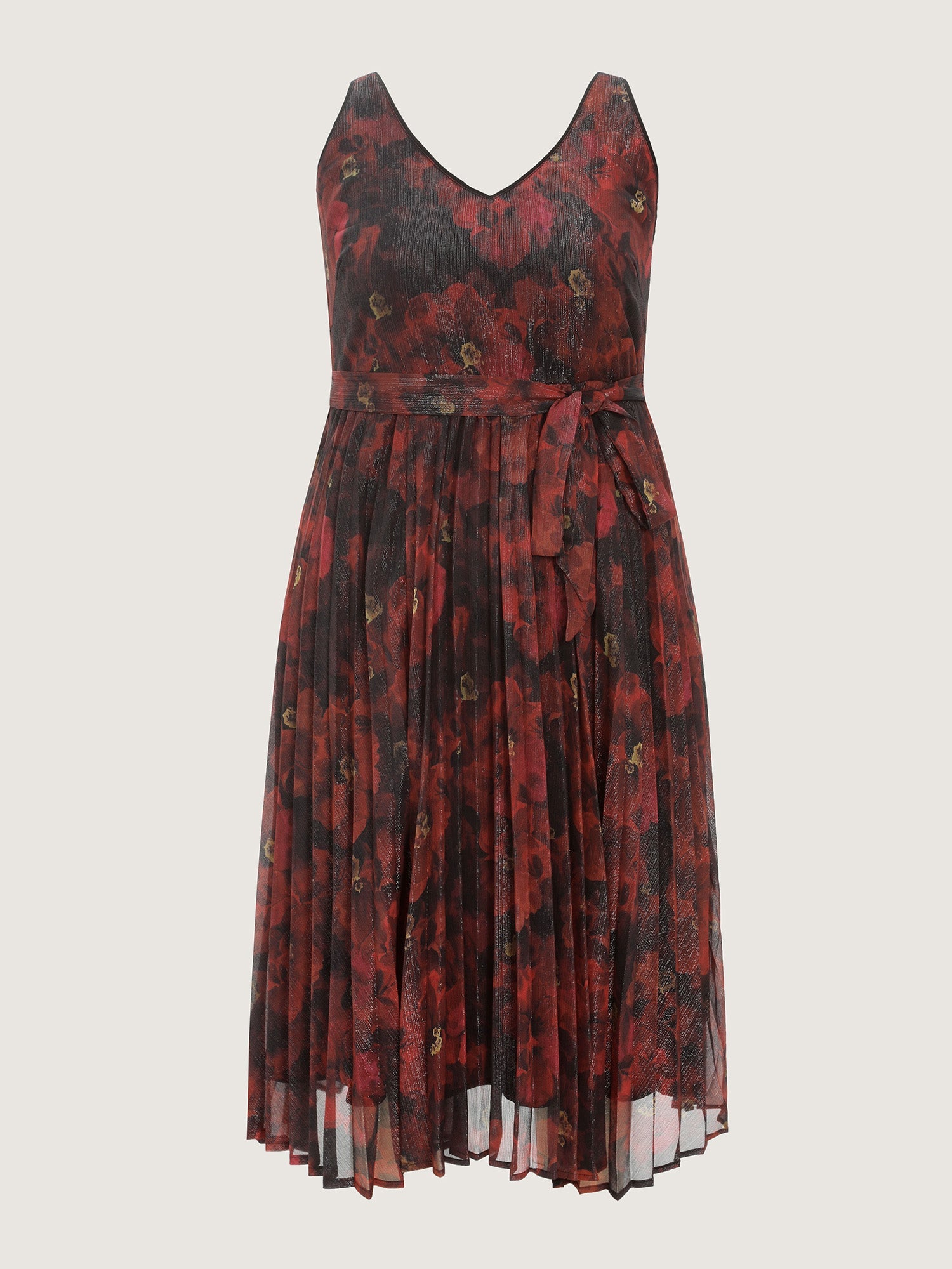 Floral Print Pleated Waist-Tie Midi Dress