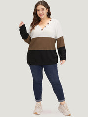 Waffle Knit Patchwork Button Detail Contrast Sweatshirt