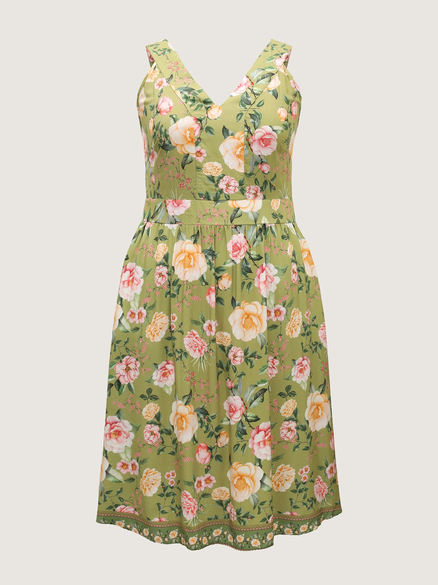 Rayon Floral Shirred Pockets Midi Dress