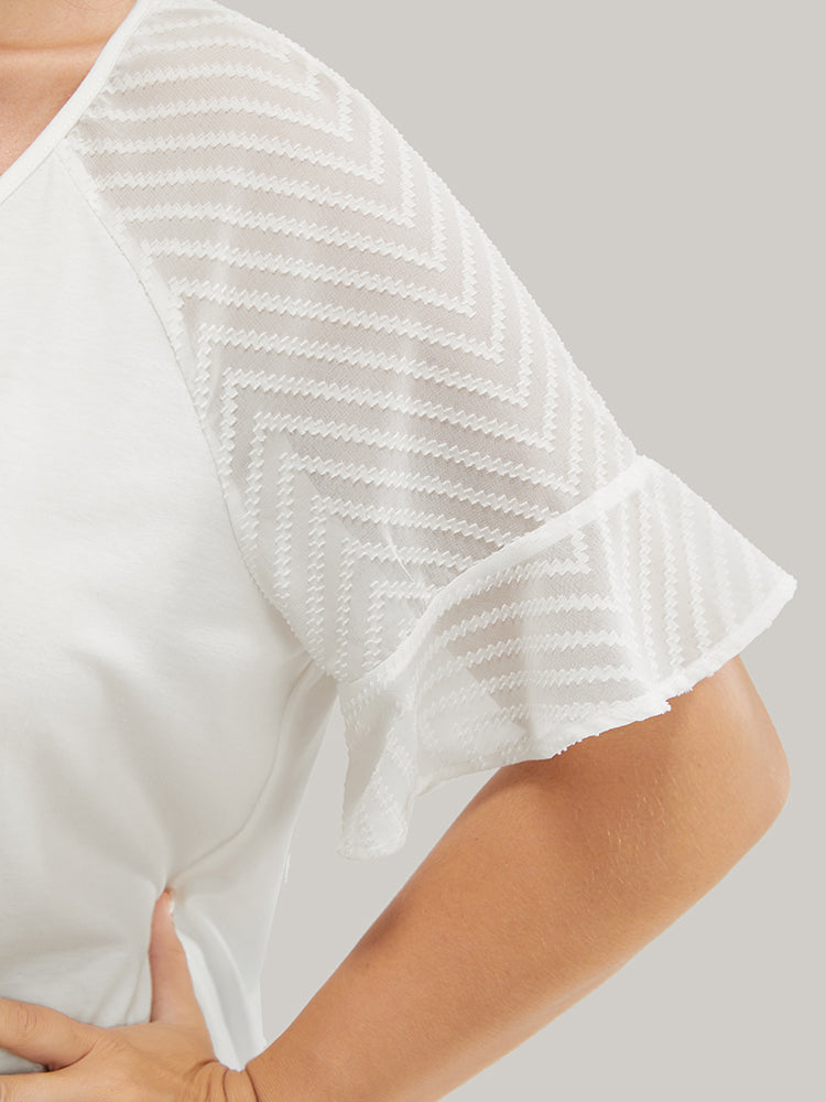Plain Geometric Mesh Raglan Sleeve Ruffle Trim T-shirt