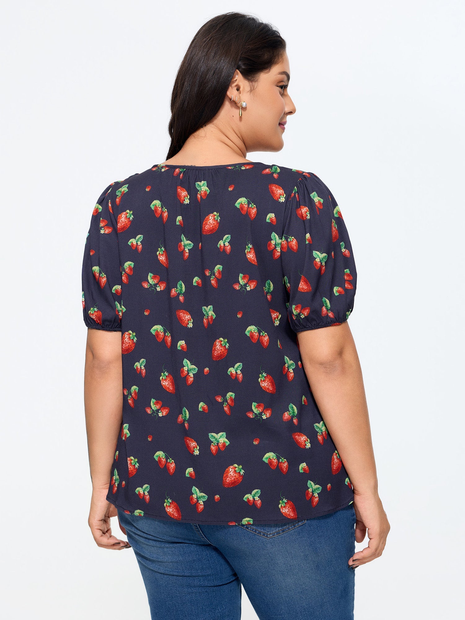 Strawberry Print V Neck Bubble Sleeve Blouse