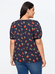 Strawberry Print V Neck Bubble Sleeve Blouse