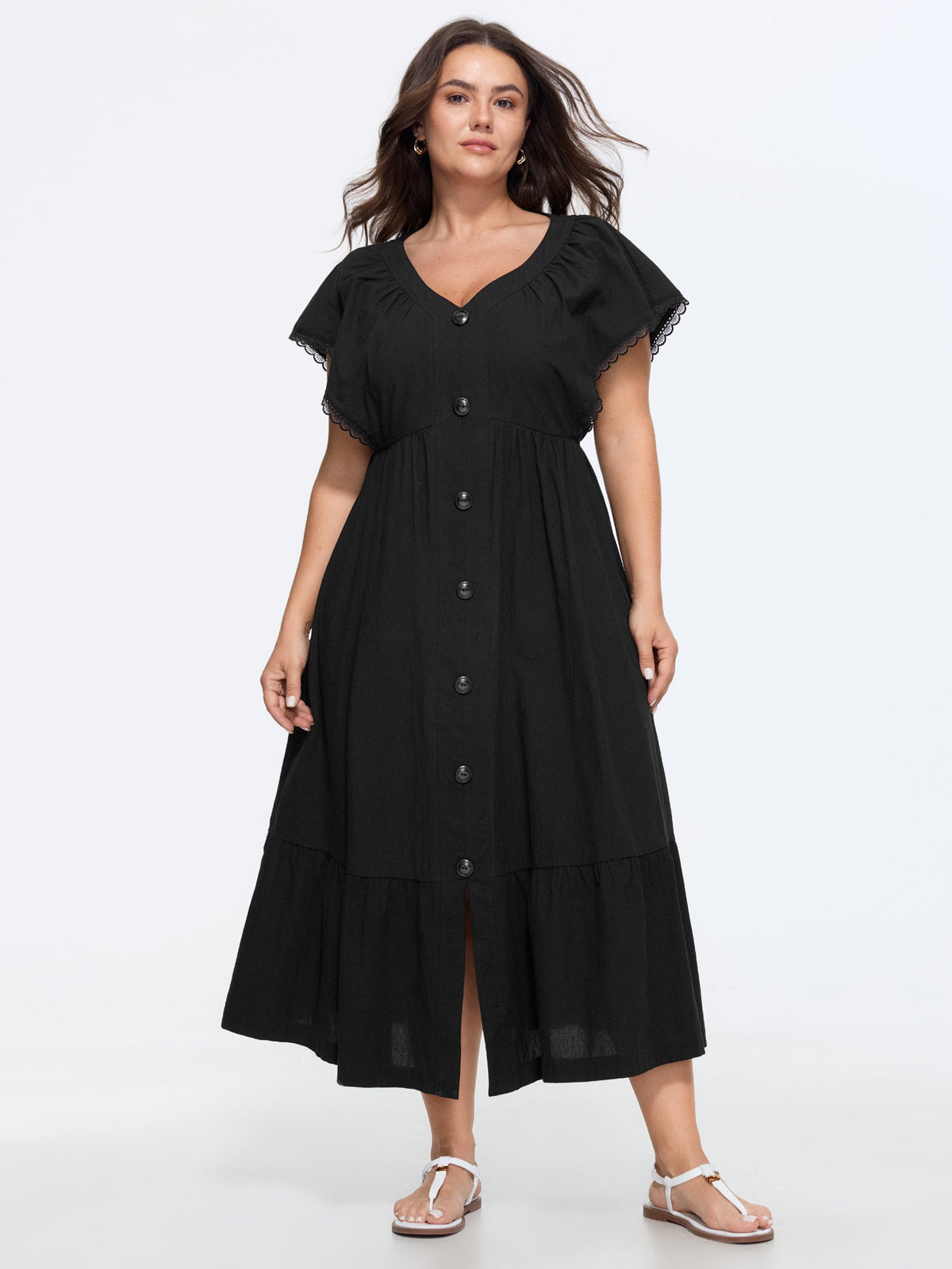 Cotton Button-Front Split Hem Midi Dress