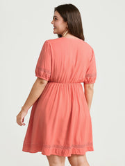Lace Square Neckline Bubble Sleeve Mini Dress