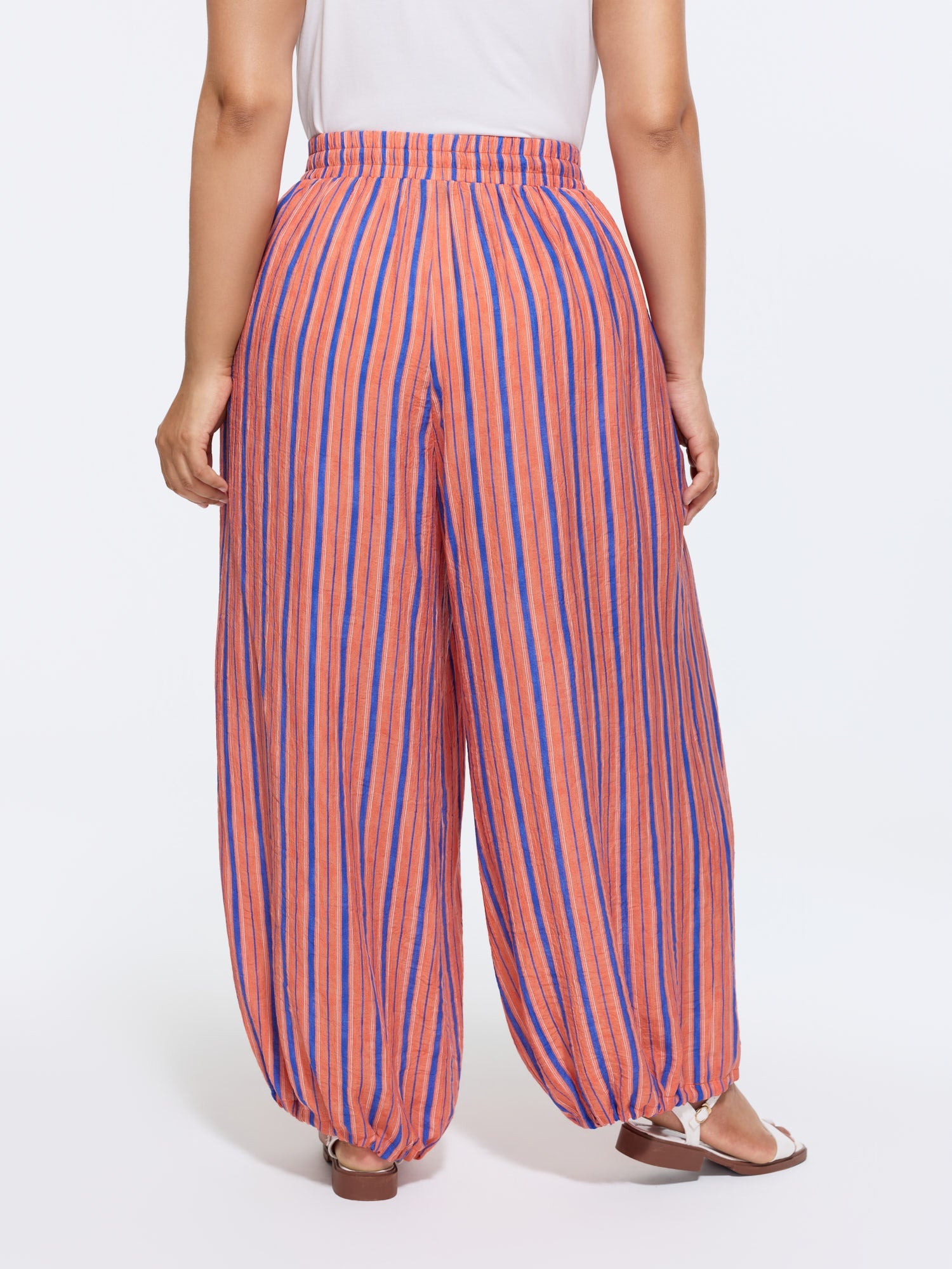Striped Print Cuffed Hem Drawstring Pants