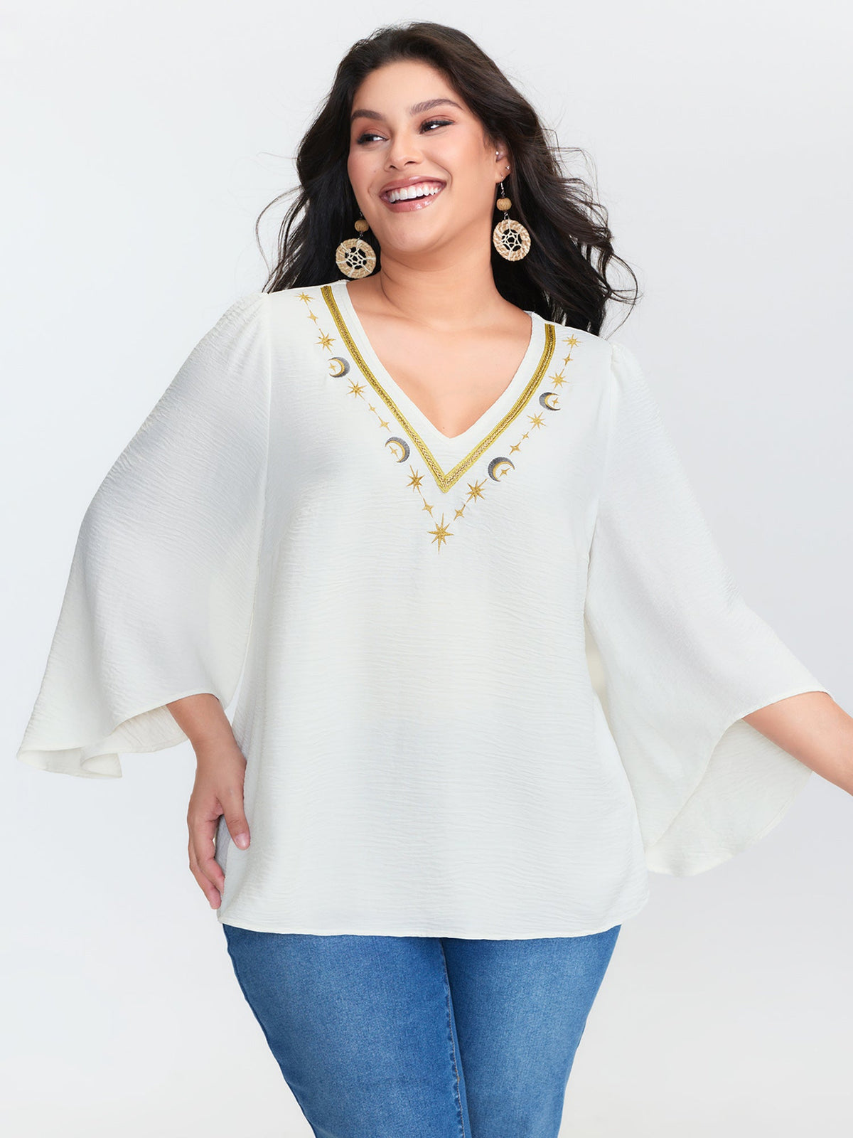 Star Moon Embroidered Neckline Flared Blouse