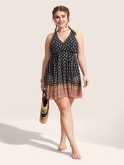 Overlap Collar Boho Print Patchwork Swim Dress