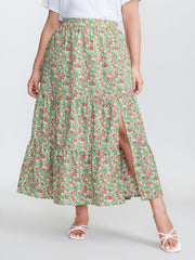 Floral Print Split Side Tiered Maxi Skirt
