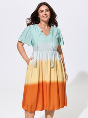 Color Contrast Tiered Drawstring Neckline Midi Dress