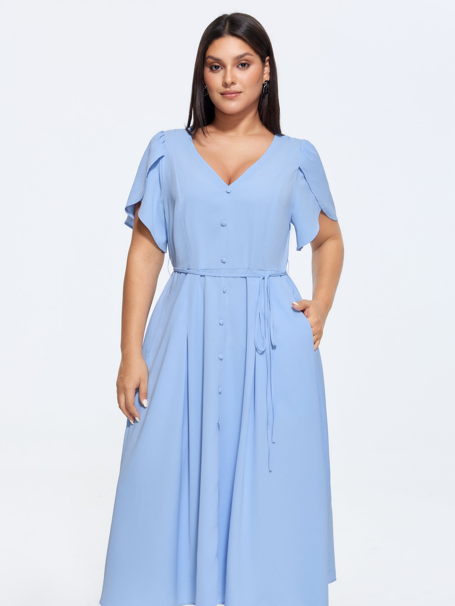 Petal Sleeve Drawstring Waist Plain Maxi Dress
