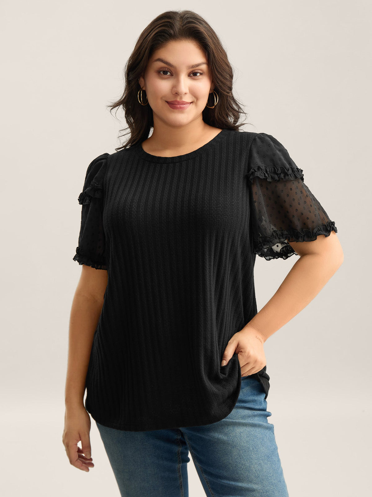 Textured Pit Strip Layered Sleeve Sheer T-Shirt
