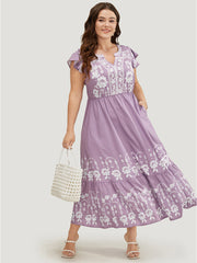 Bandana Cap Sleeve Notched Neck Pocket Flutter Hem Dress