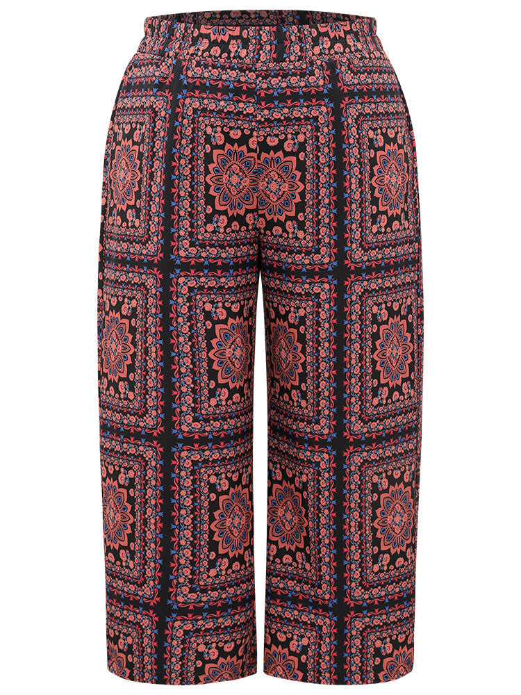 Scarf Print Pocket Elastic Waist Pants