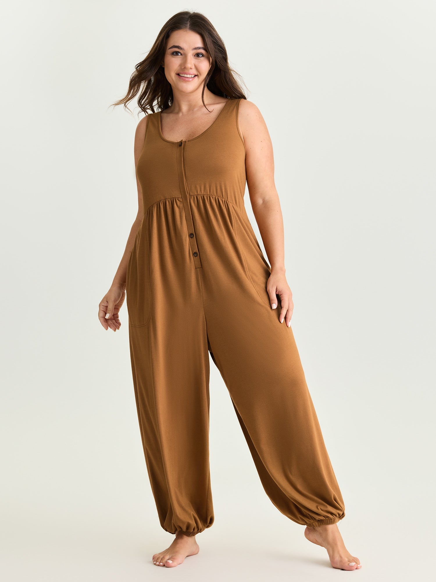 Supersoft Buttons Pleated Cuffed Hem Lounge Jumpsuit