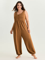 Supersoft Buttons Pleated Cuffed Hem Lounge Jumpsuit