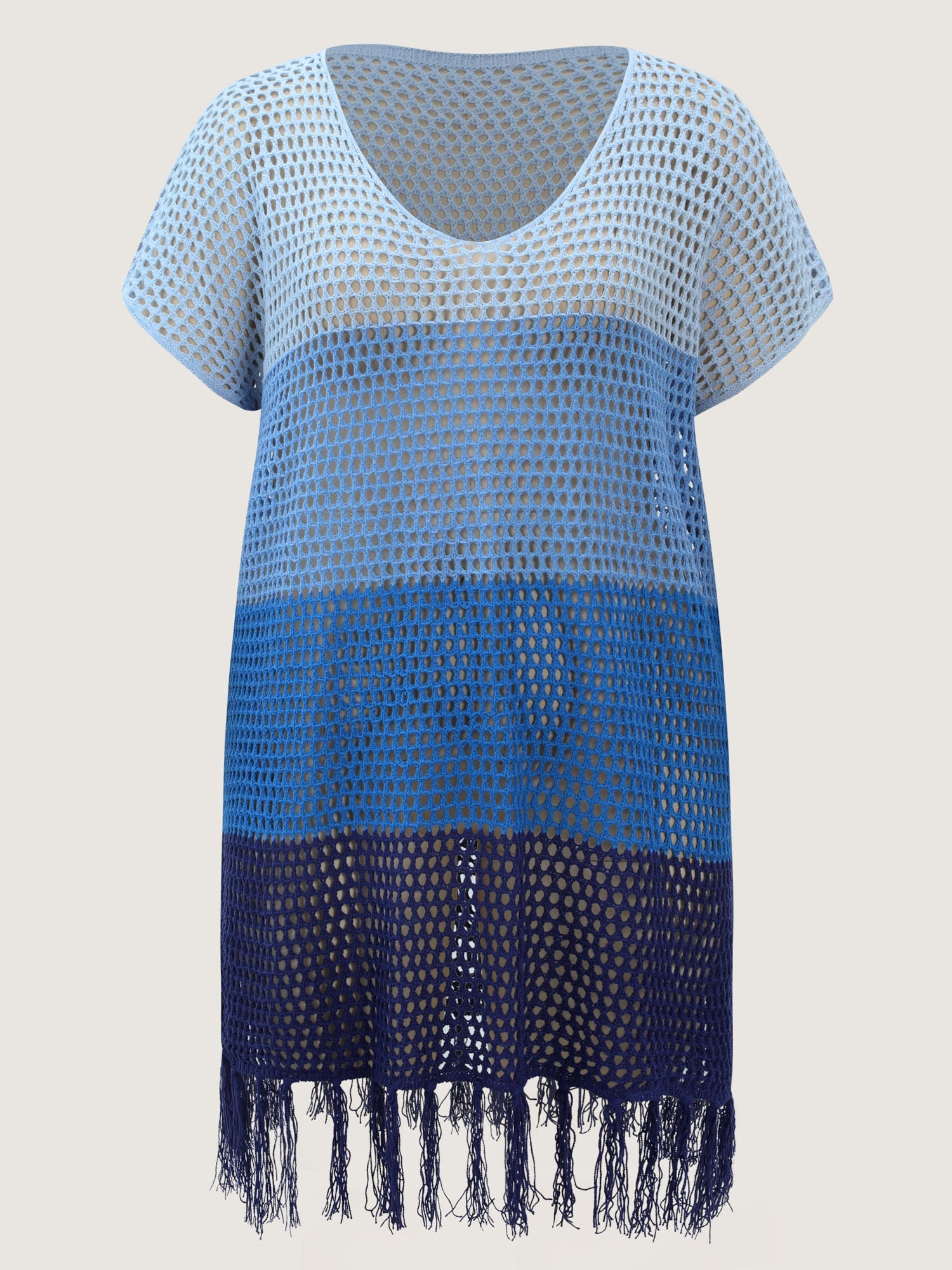 Crocheted Colorblock Fringe Hem Swim Cover-Up