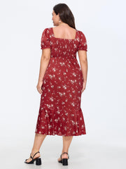 Floral Print Shirred Ruffled Midi Dress