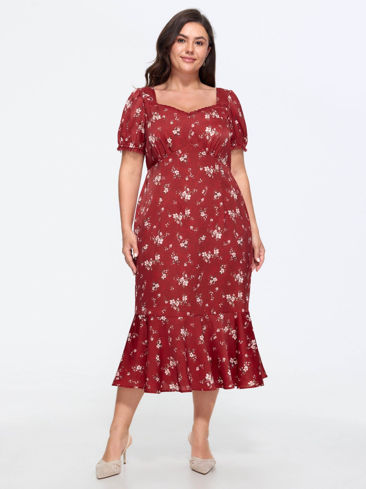 Floral Print Shirred Ruffled Midi Dress