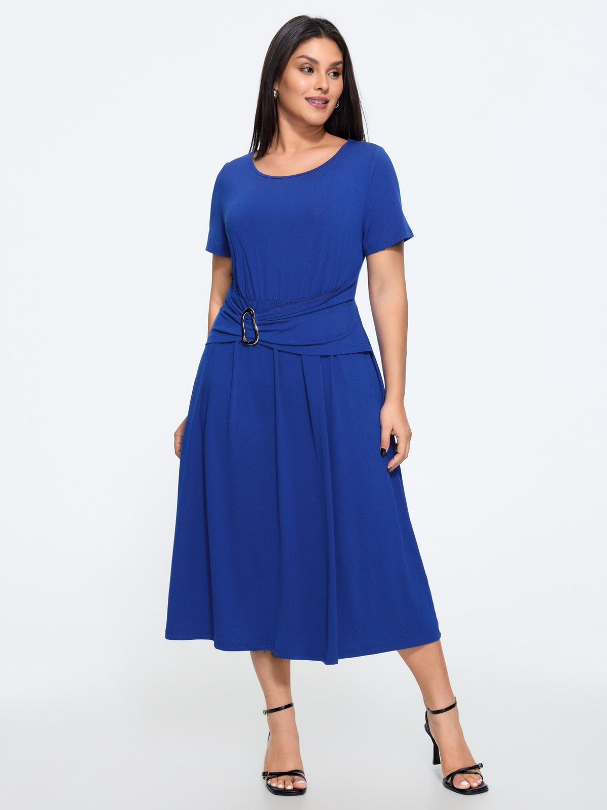 Pleated Buckle Waist Round Neck Midi Dress