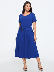 Pleated Buckle Waist Round Neck Midi Dress