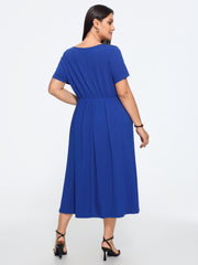 Pleated Buckle Waist Round Neck Midi Dress