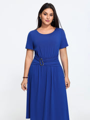 Pleated Buckle Waist Round Neck Midi Dress
