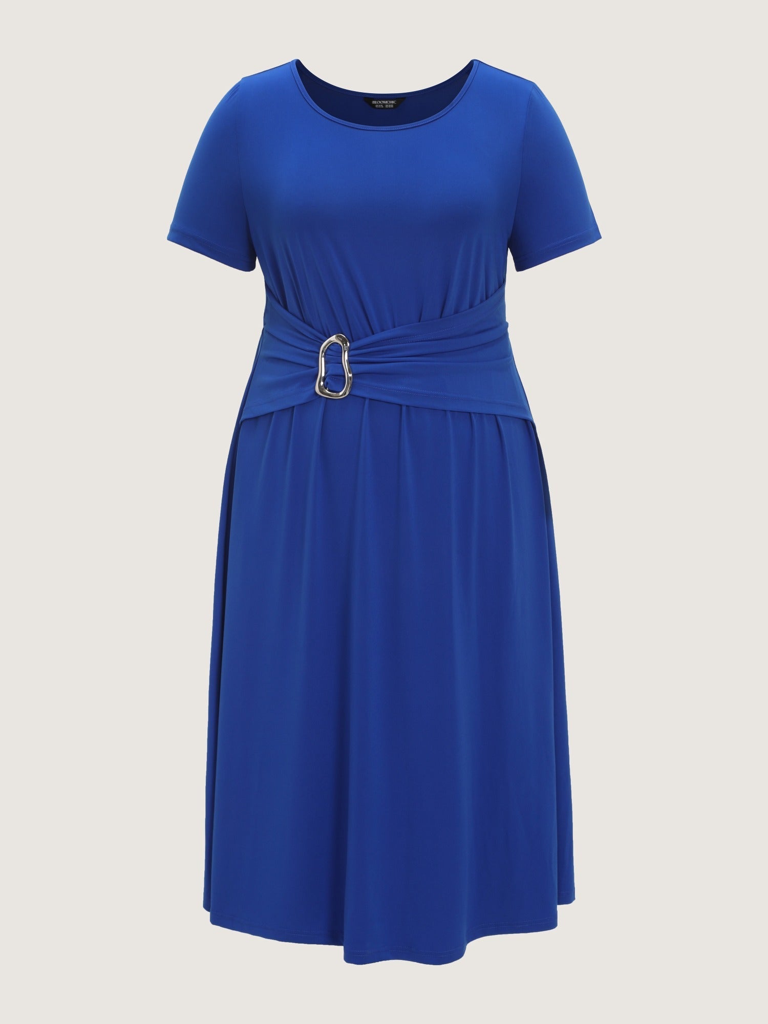 Pleated Buckle Waist Round Neck Midi Dress