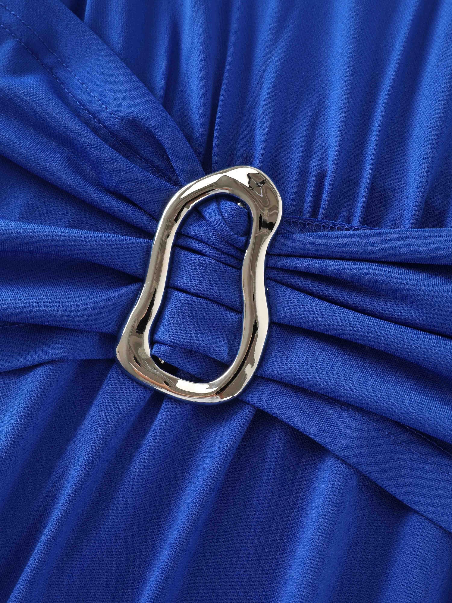 Pleated Buckle Waist Round Neck Midi Dress