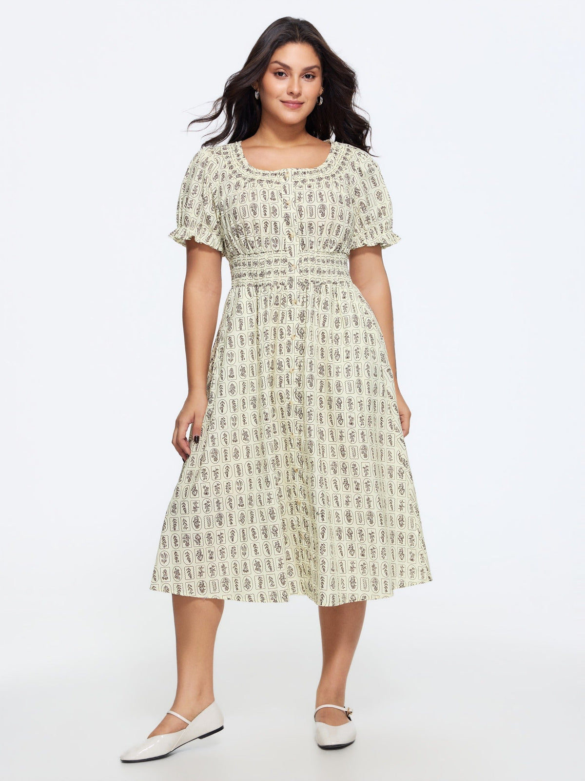 Geometric Print Shirred Waist Midi Dress