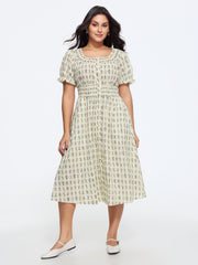 Geometric Print Shirred Waist Midi Dress