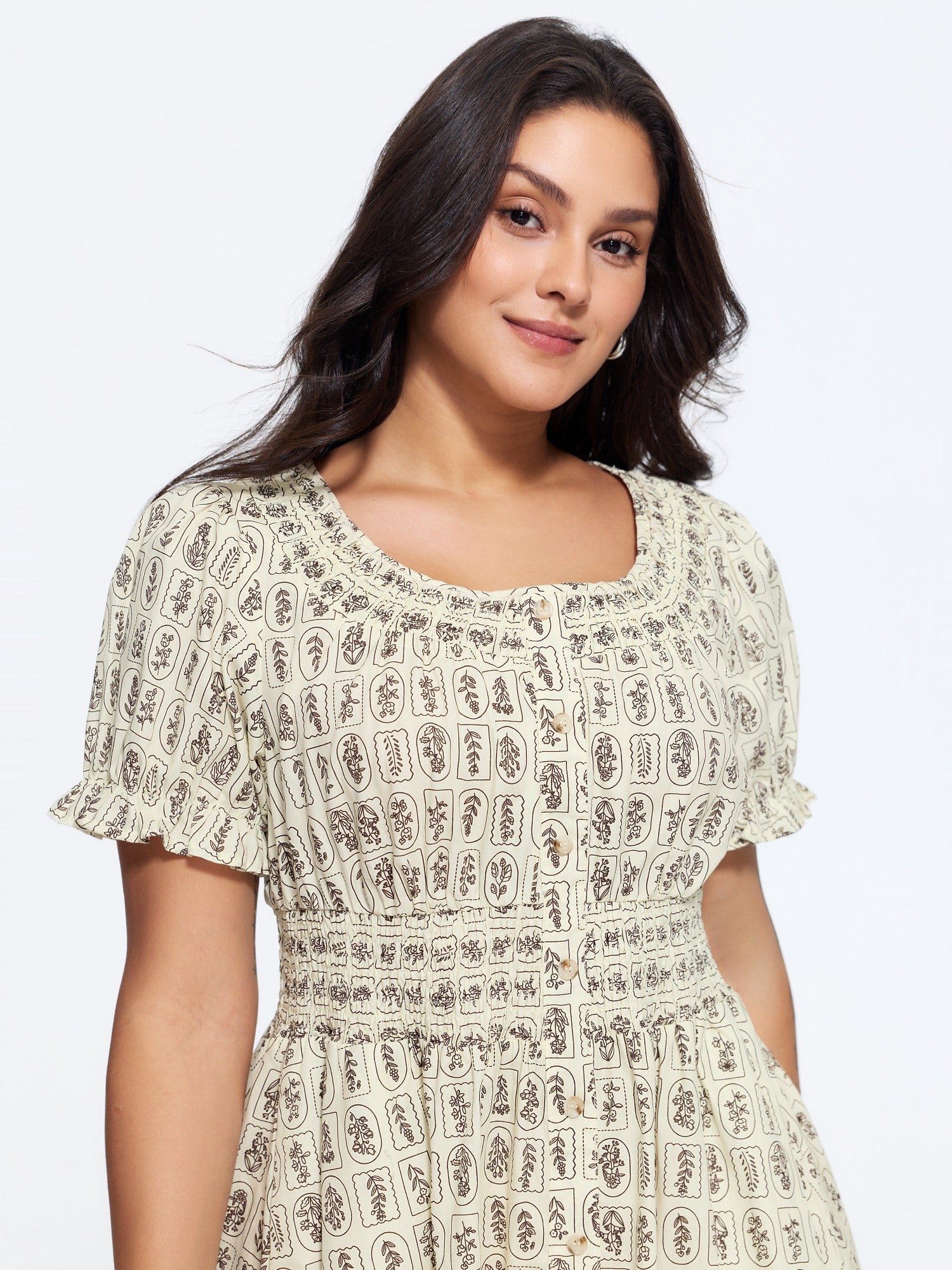 Geometric Print Shirred Waist Midi Dress