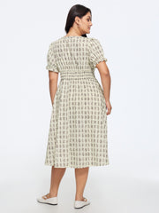 Geometric Print Shirred Waist Midi Dress